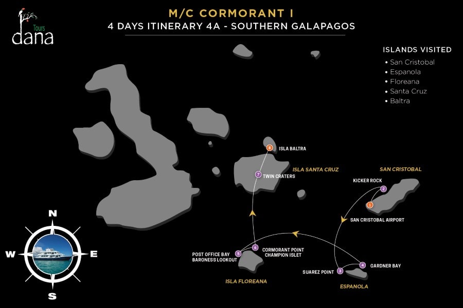 MC Cormorant I 4 Days Itinerary 4A - Southern Galapagos
