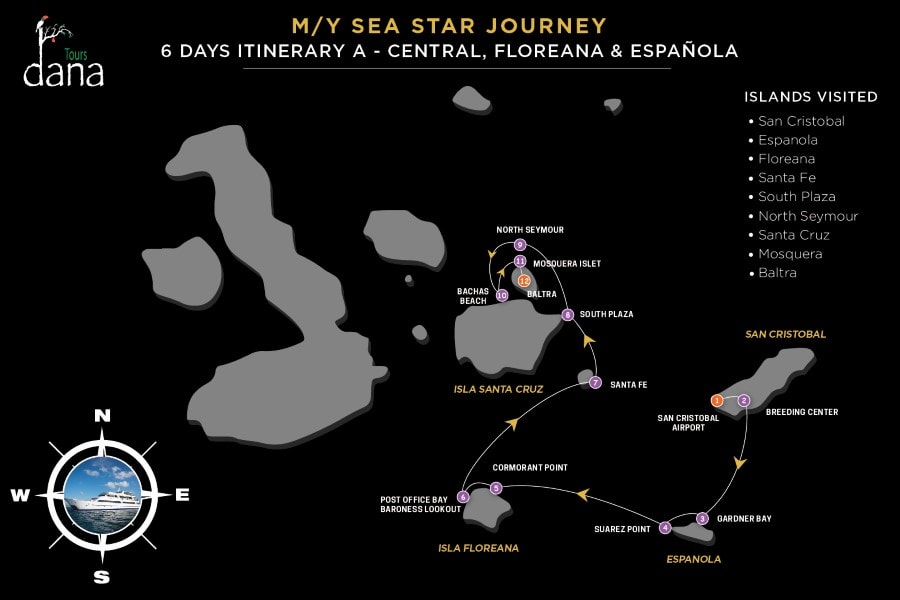 MY Sea Star Journey 6 Days Itinerary A - Central, Floreana &amp; Española